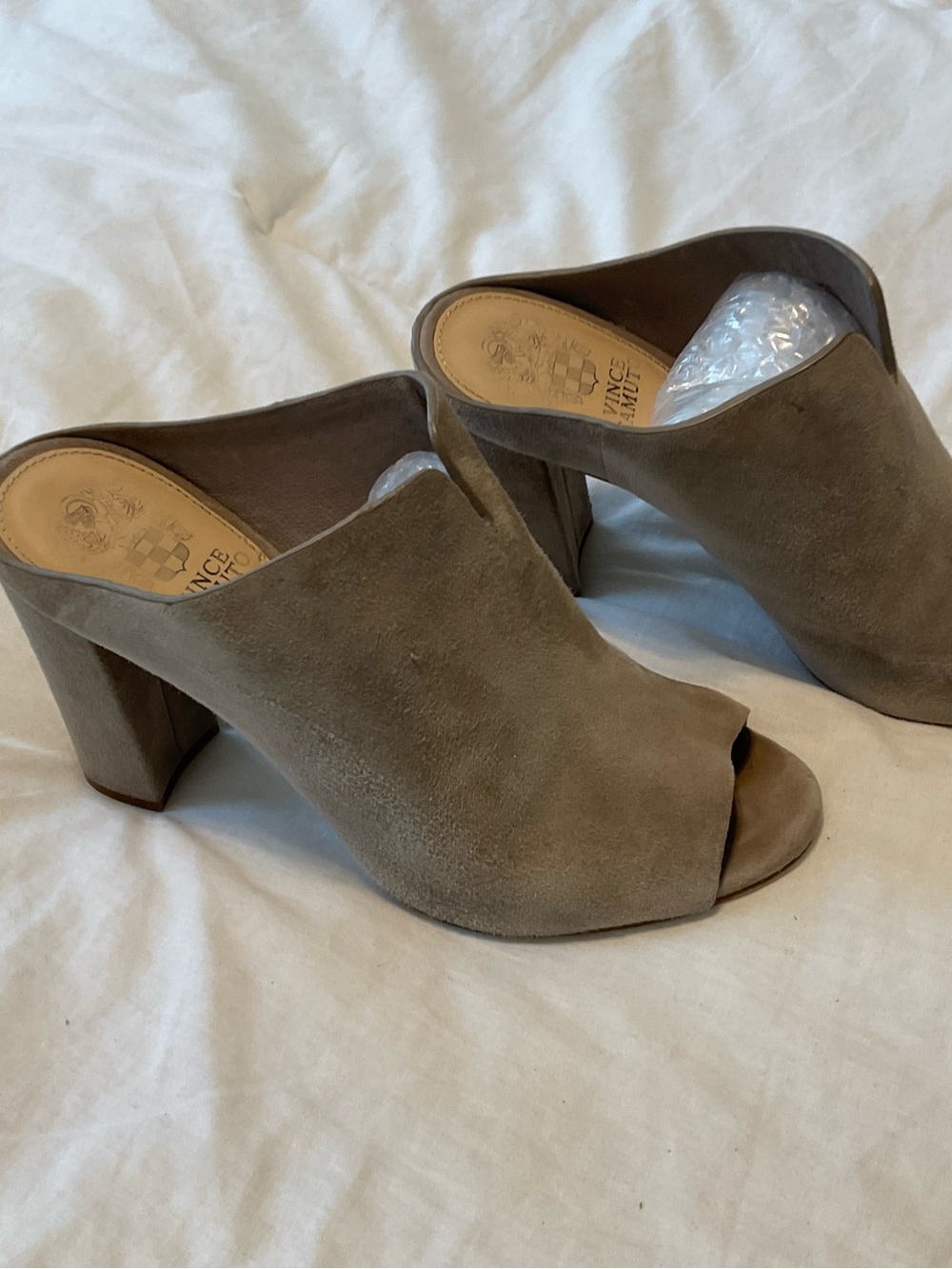 Vince Camuto Taupe Suede Open-Toe Block Heel Mules